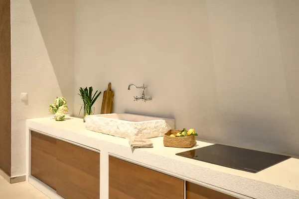 Outdoor kitchen with stone sink